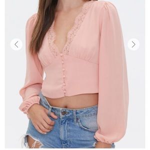 Forever 21 Plunging lace neck/woven peach top Med